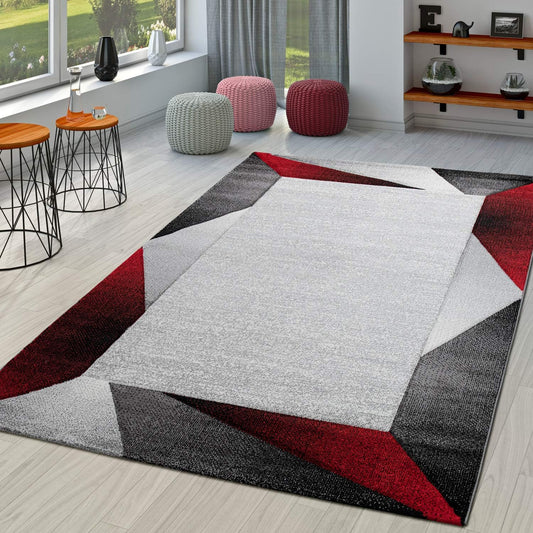 Alfombra de área moderna con borde geométrico rojo gris con corte de contorno,...