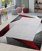 Alfombra de área moderna con borde geométrico rojo gris con corte de contorno,...