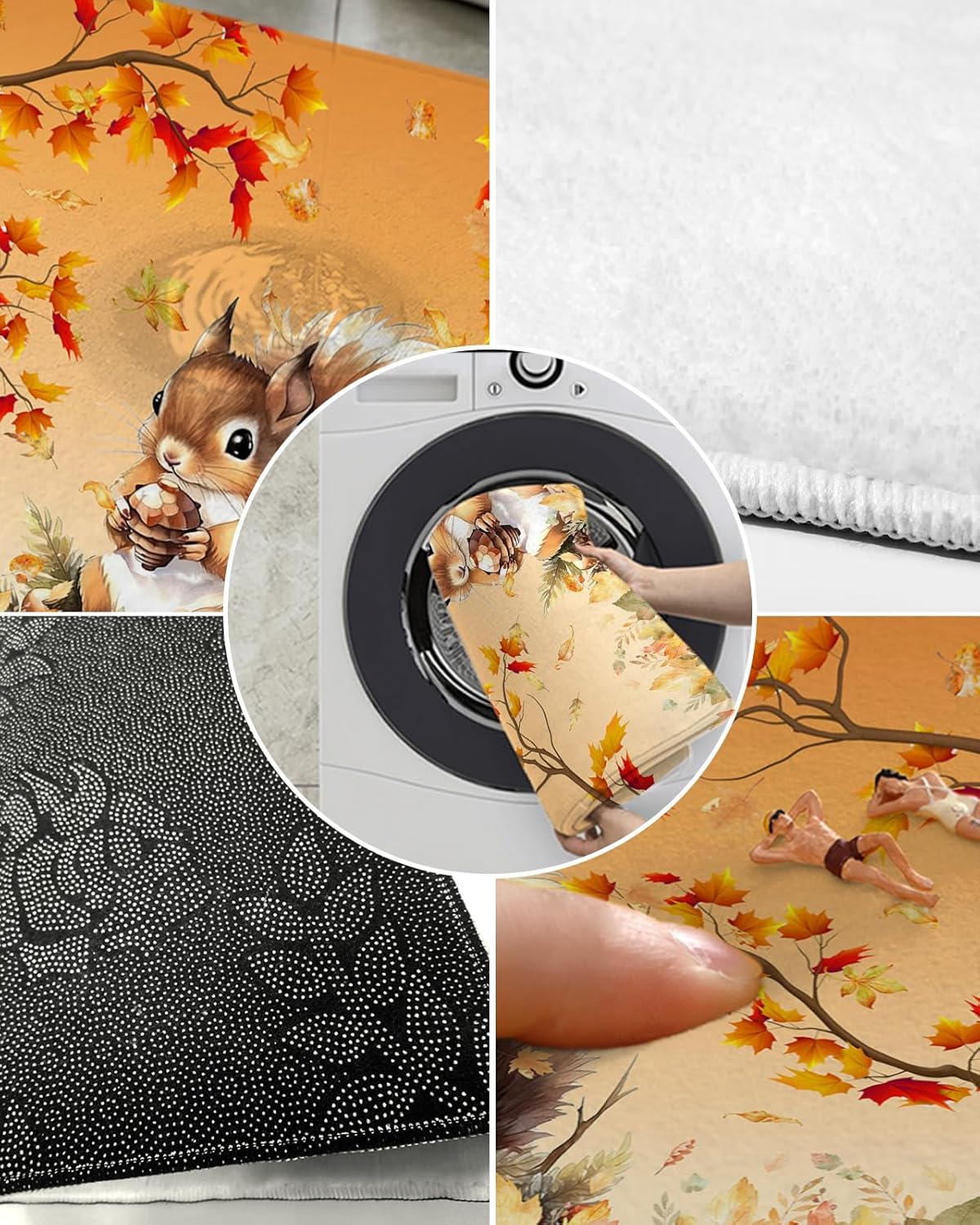 Shag Door Mats Bath Rugs Thanksgiving Squirrel Autumn Maple Leaf Orange...