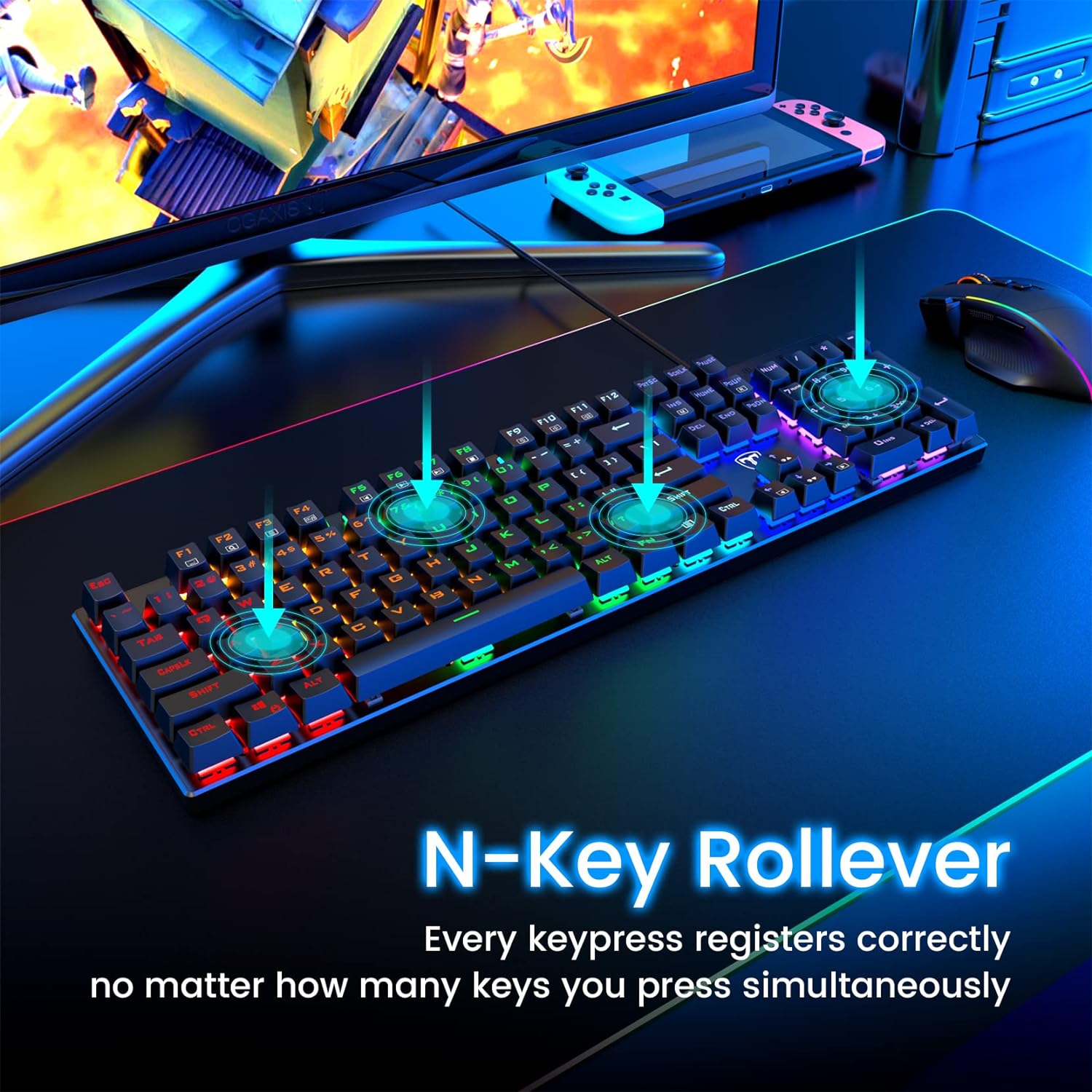 RisoPhy Teclado mecánico para juegos, RGB de 104 teclas ultradelgado con...