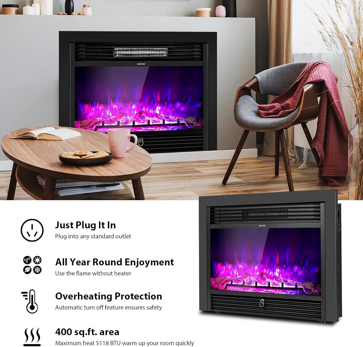 RELAX4LIFE Insertos de chimenea eléctrica de 28.5 pulgadas, calentador de...