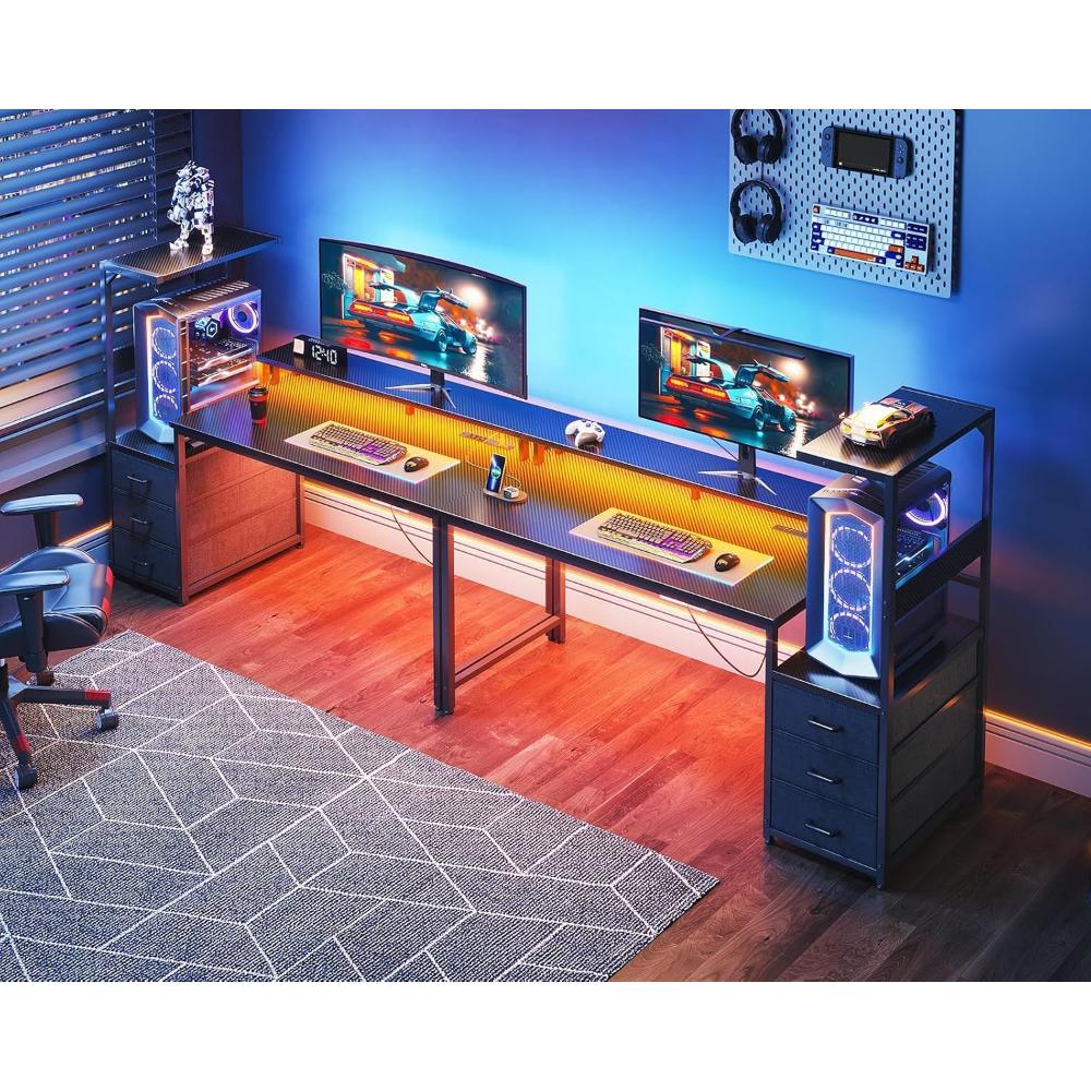 Escritorio Gamer Reversible AODK, Con Luz Led Y Puertos De Carga USB, Con Estantes De Almacenamiento Y Soporte Para Monitor