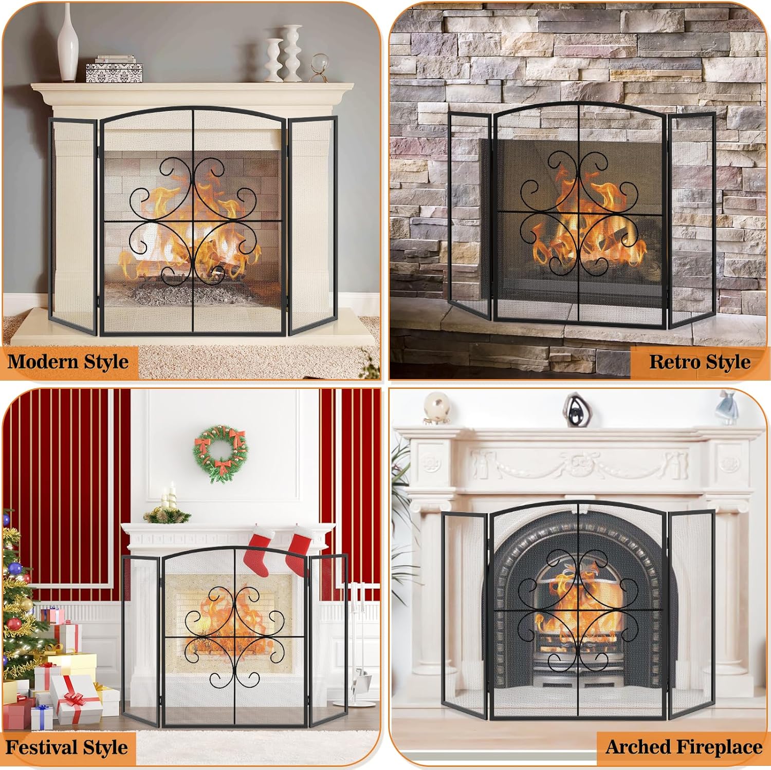 Gtongoko Rejilla decorativa de 3 paneles para chimenea, 48 pulgadas de ancho x...