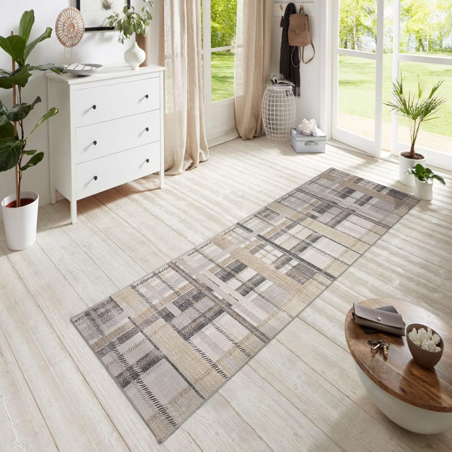 DECOMALL NELE - Alfombra de pasillo lavable, moderna, a cuadros,...