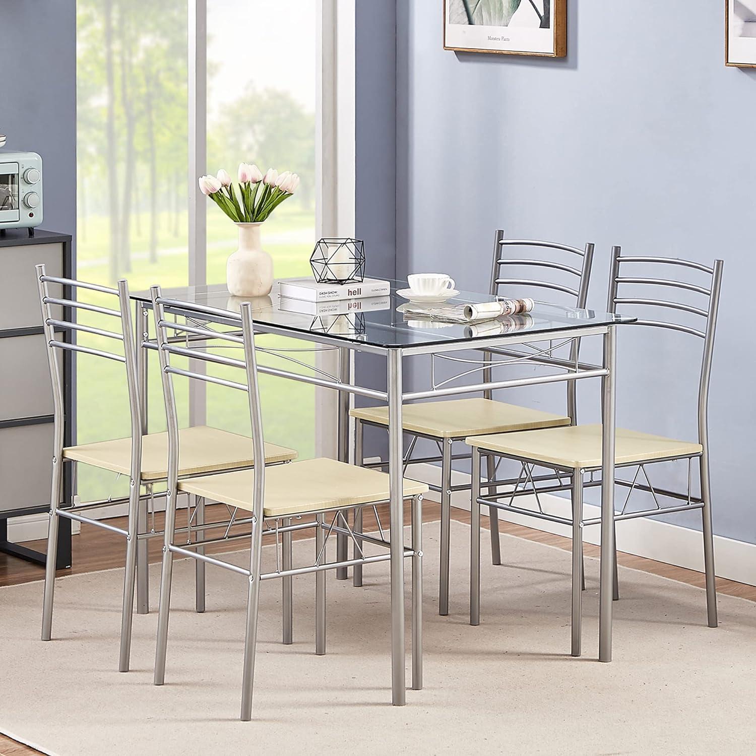 VECELO Mesa y sillas de comedor de cocina, 4, juegos de comedor de 5 piezas,