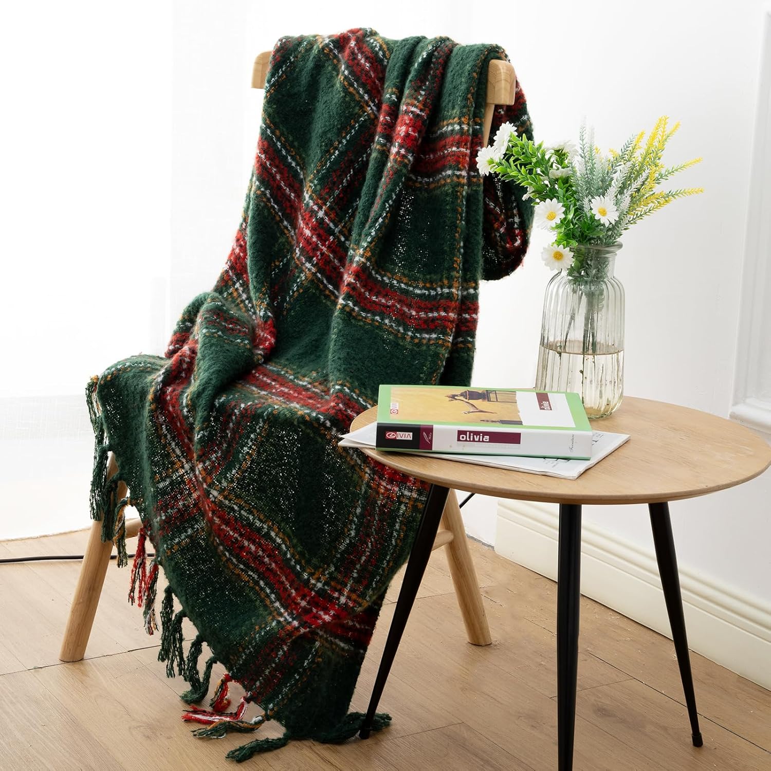 LALIFIT Manta a cuadros con flecos, color verde y rojo, para decoración del...