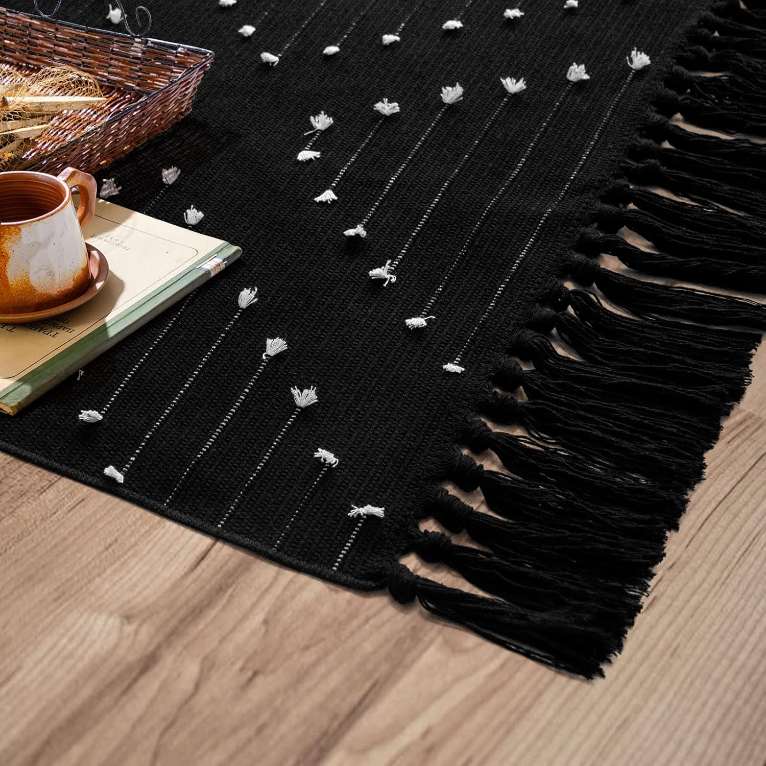 MitoVilla Alfombra de baño bohemia negra de 2 x 3 pies, alfombra de cocina...