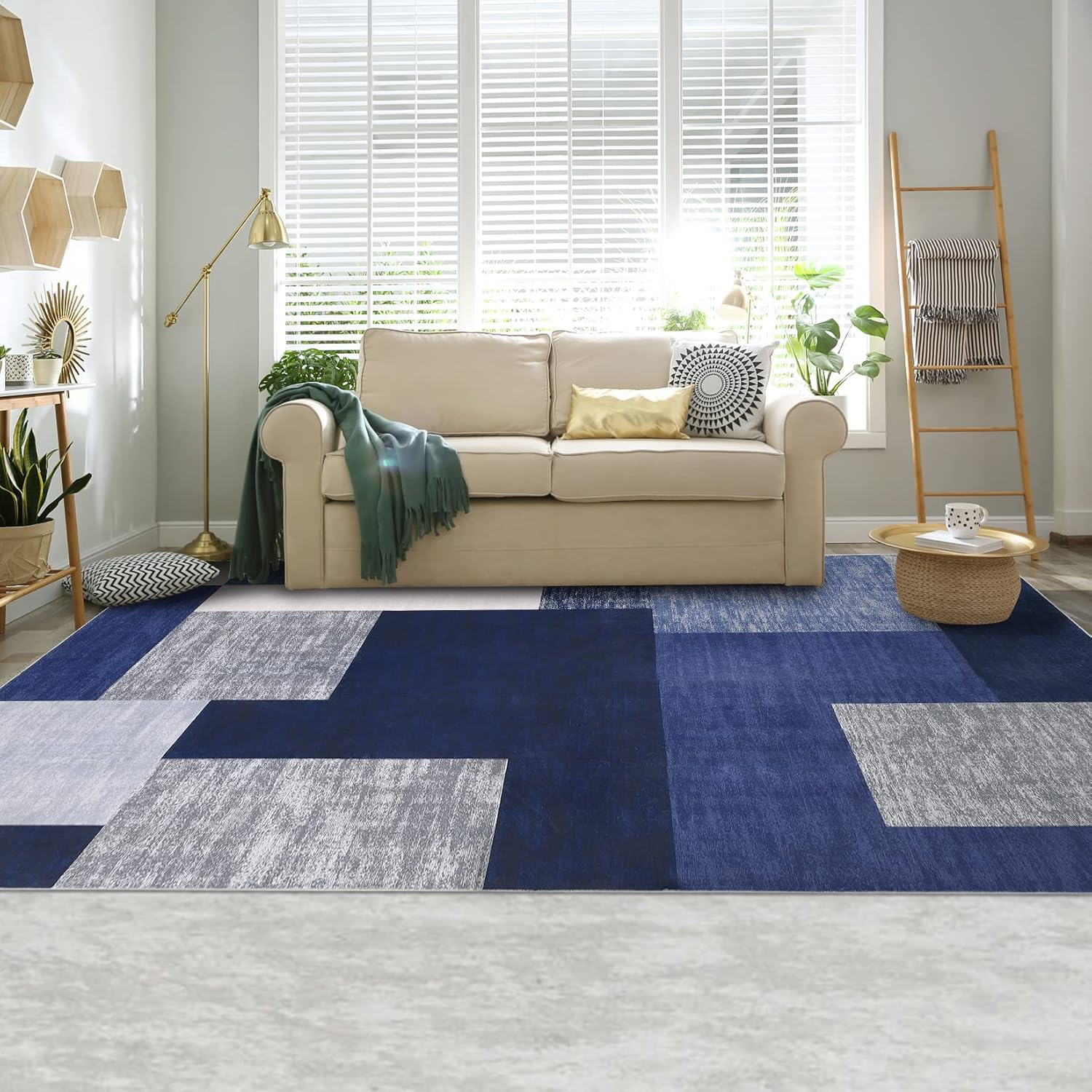 Alfombra de 8 x 10 pies para sala de estar, lavable a máquina, geométrica,