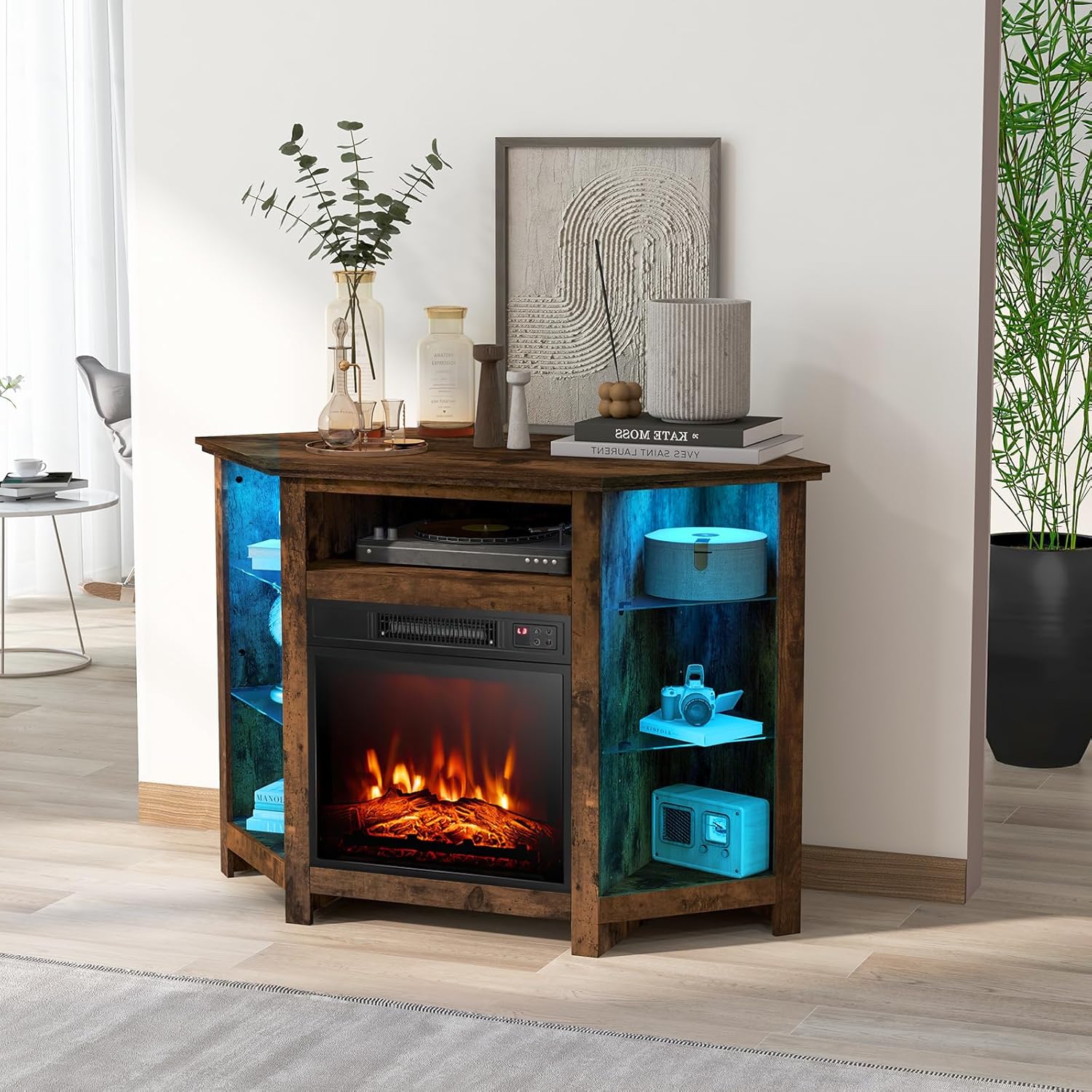 COSTWAY Soporte de TV de esquina con chimenea eléctrica para televisores de...