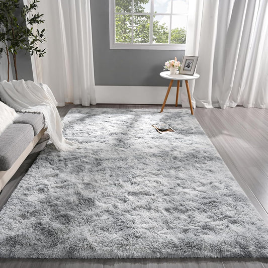 Pettop Alfombra mullida de teñido anudado gris claro para dormitorio, sala de...