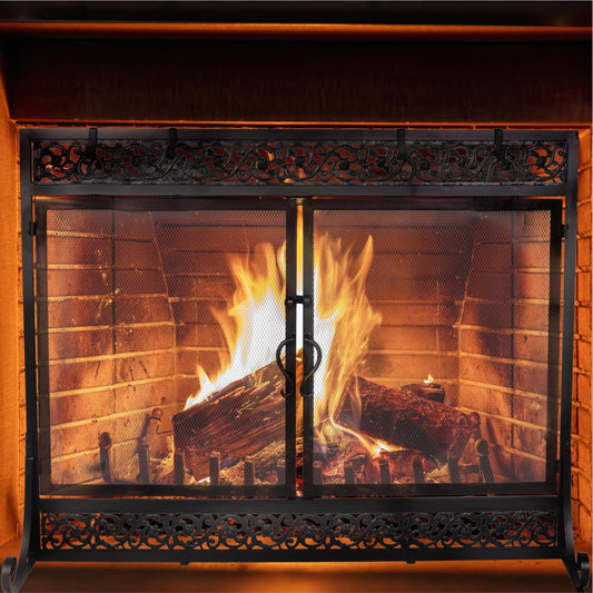 Pantalla de chimenea de metal de 39 x 31 pulgadas, protector de chispas de dos...