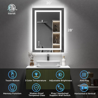 Espejo de baño LED de 20 x 28 pulgadas con luces delanteras y retroiluminadas,