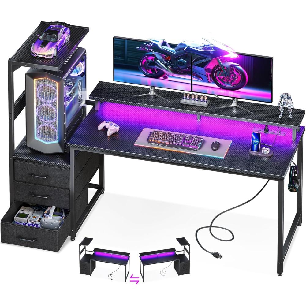 Escritorio Gamer Reversible AODK, Con Luz Led Y Puertos De Carga USB, Con Estantes De Almacenamiento Y Soporte Para Monitor