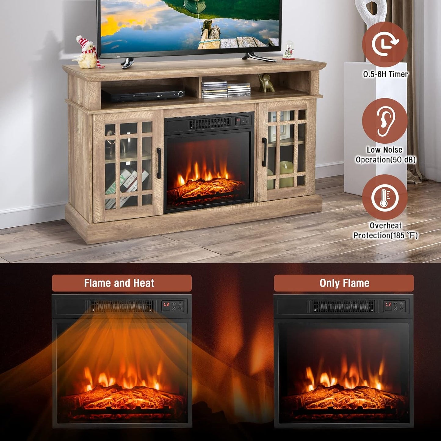 GOFLAME Soporte de TV con chimenea para TV de hasta 55 pulgadas, centro de...