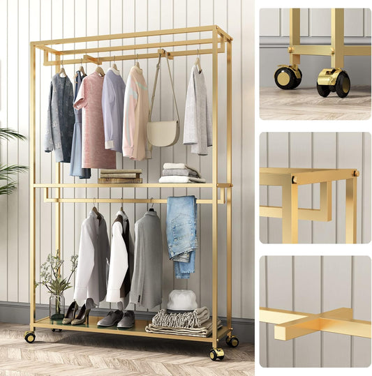 TIEOU Perchero dorado para ropa, perchero dorado con estantes para boutiques,