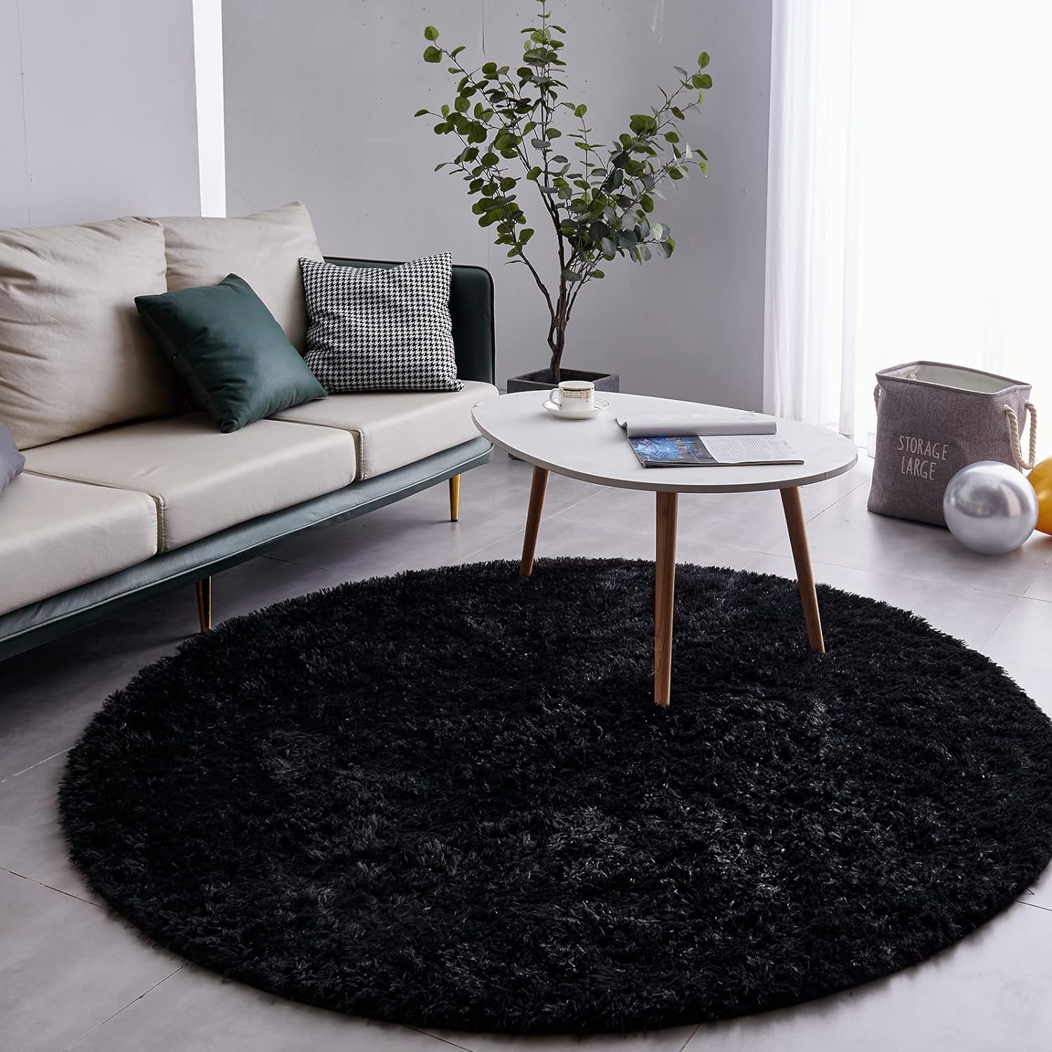 FJZFING Alfombra redonda negra ultrasuave moderna de felpa de 6 x 6 pies para...