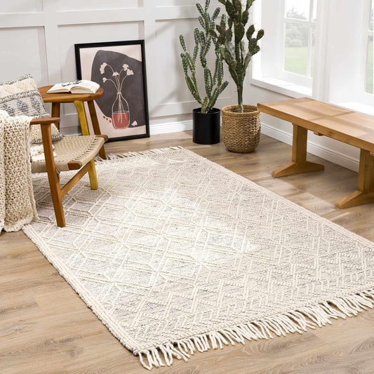 Ramsbury Alfombra marroquí de lana con borlas, alta y baja, lana con enrejado