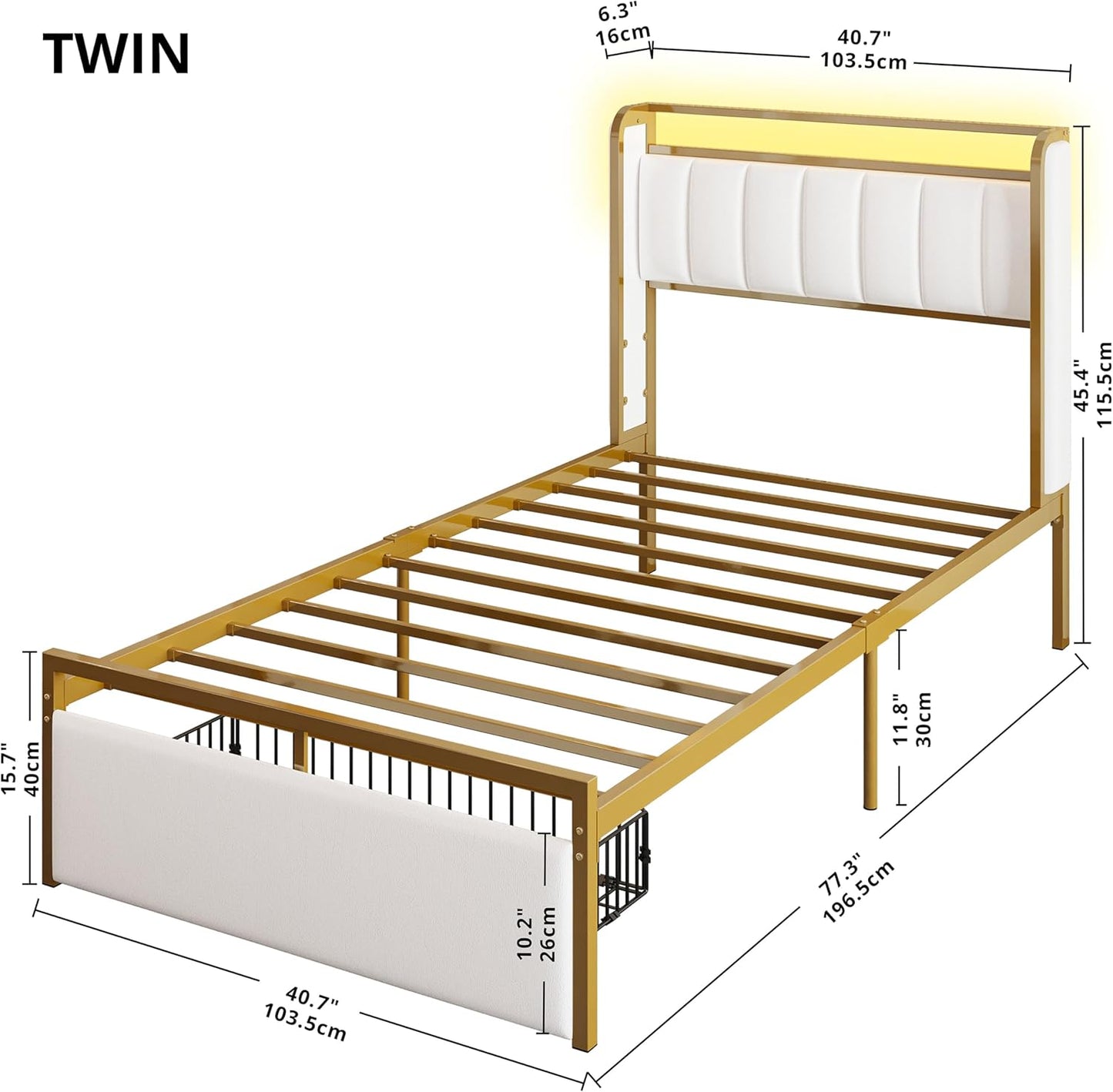 LIKIMIO Base de cama de tamaño individual con reposabrazos, cabecera y luz RGB,...