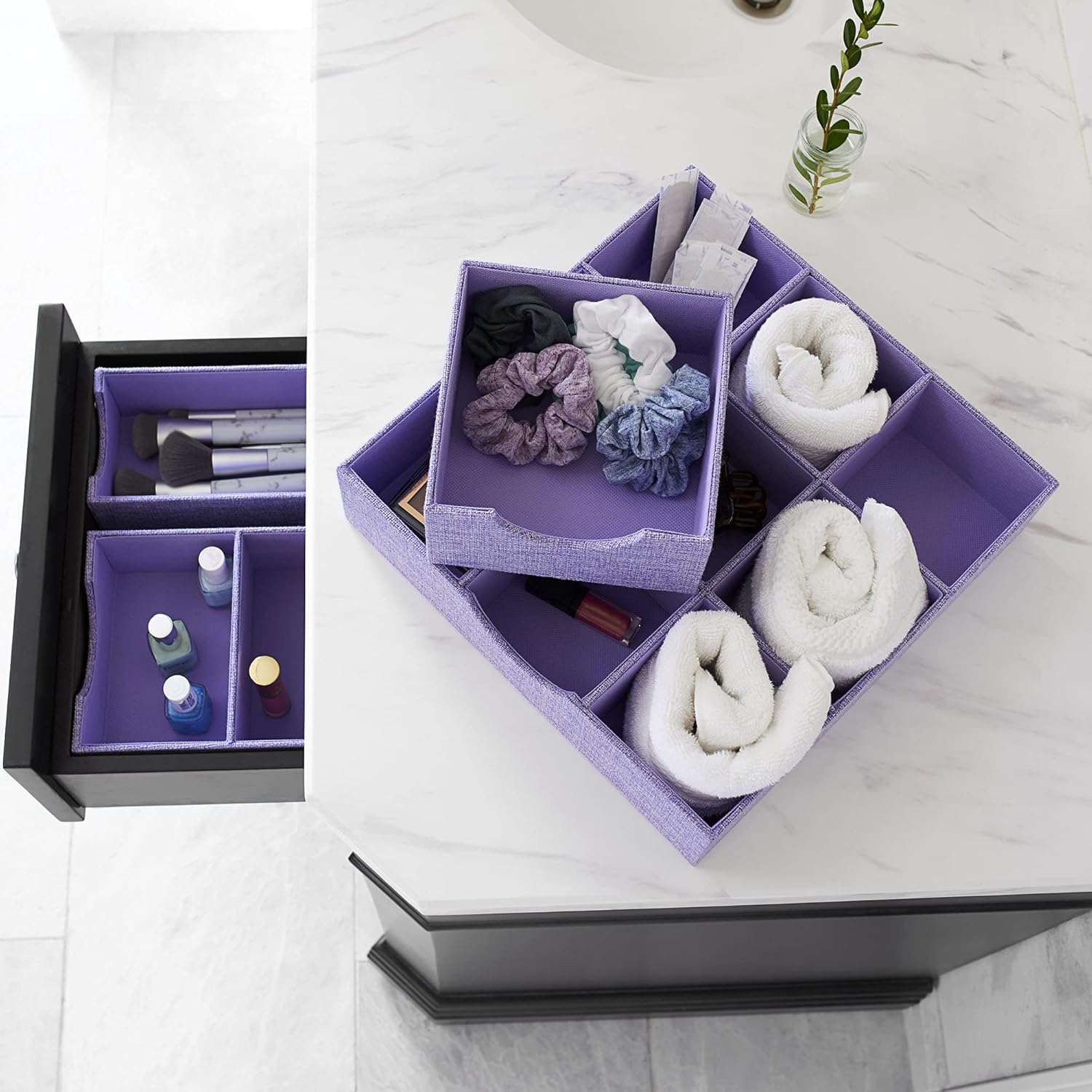 Cajas organizadoras de cajones profundos estrechos morados para almacenamiento