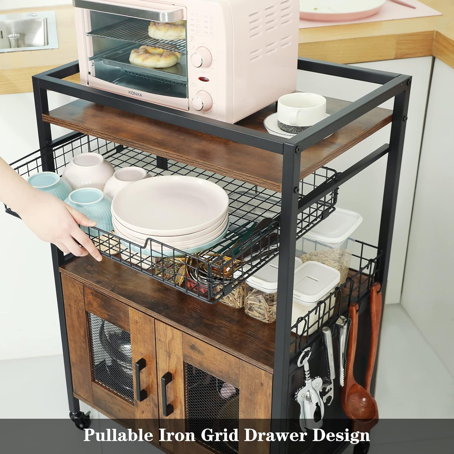 Gabinete de barra de café, mesa de estación de café de 3 niveles con ruedas,