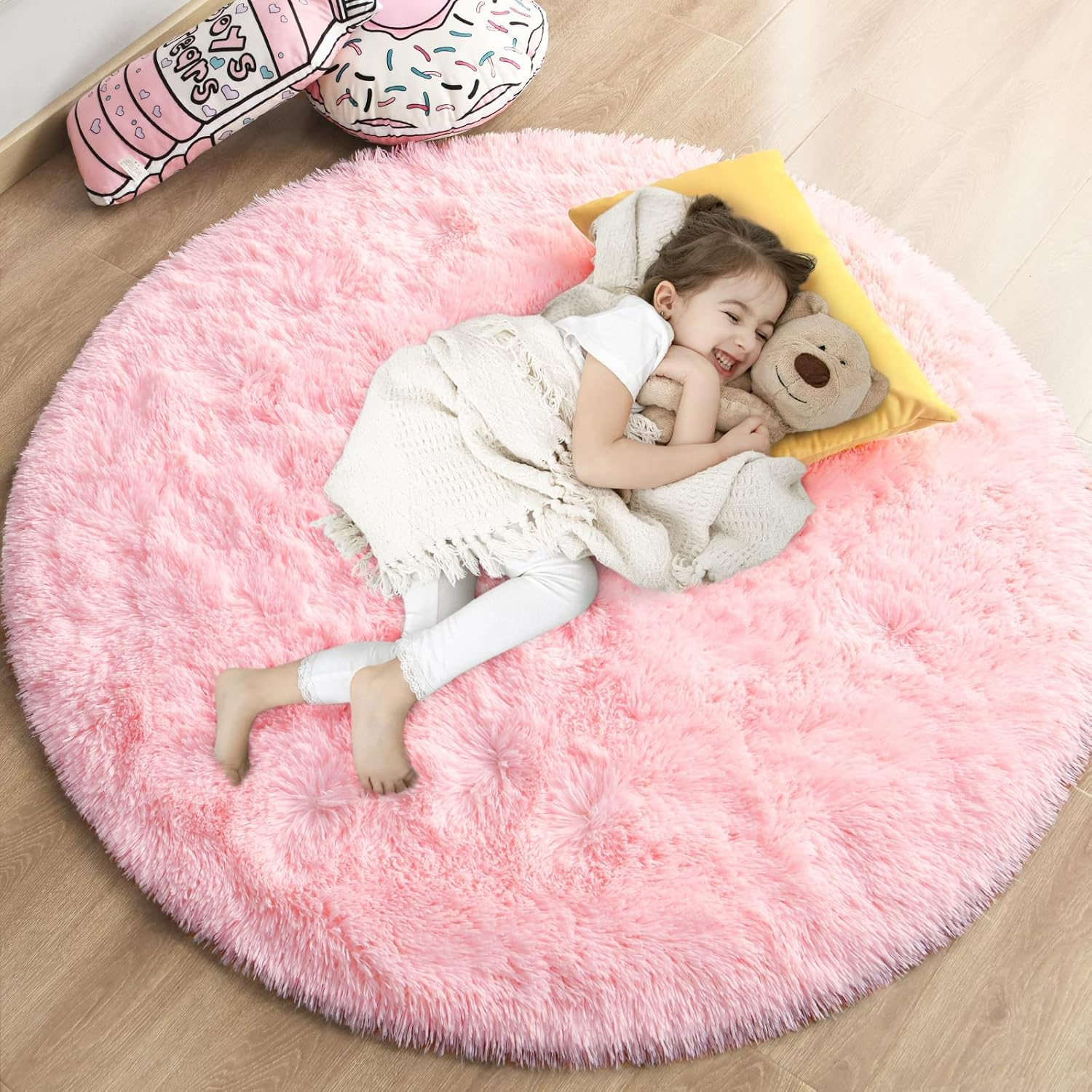 Alfombra redonda rosa para dormitorio de niñas, alfombra circular esponjosa de...
