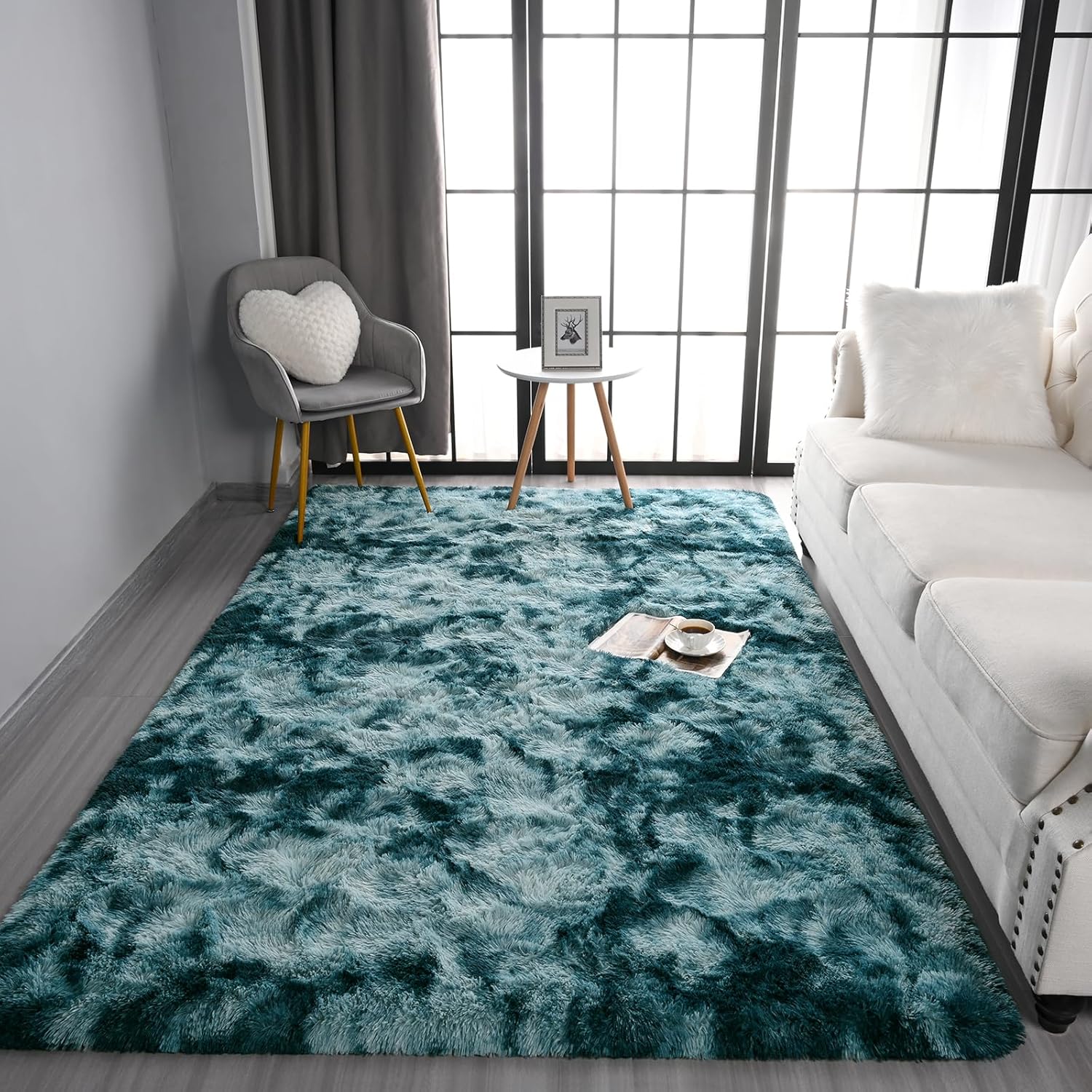 Pettop Alfombra mullida de teñido anudado azul pavo real para dormitorio, sala...