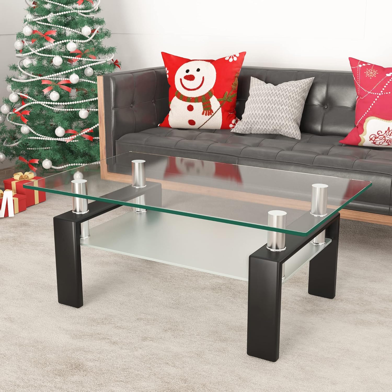 Meihua Mesa de centro de cristal para sala de estar, mesa auxiliar moderna...