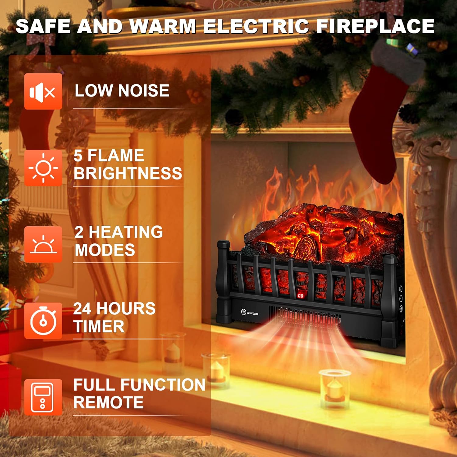 Calentador eléctrico para chimenea con control remoto infrarrojo, brillo de 5...