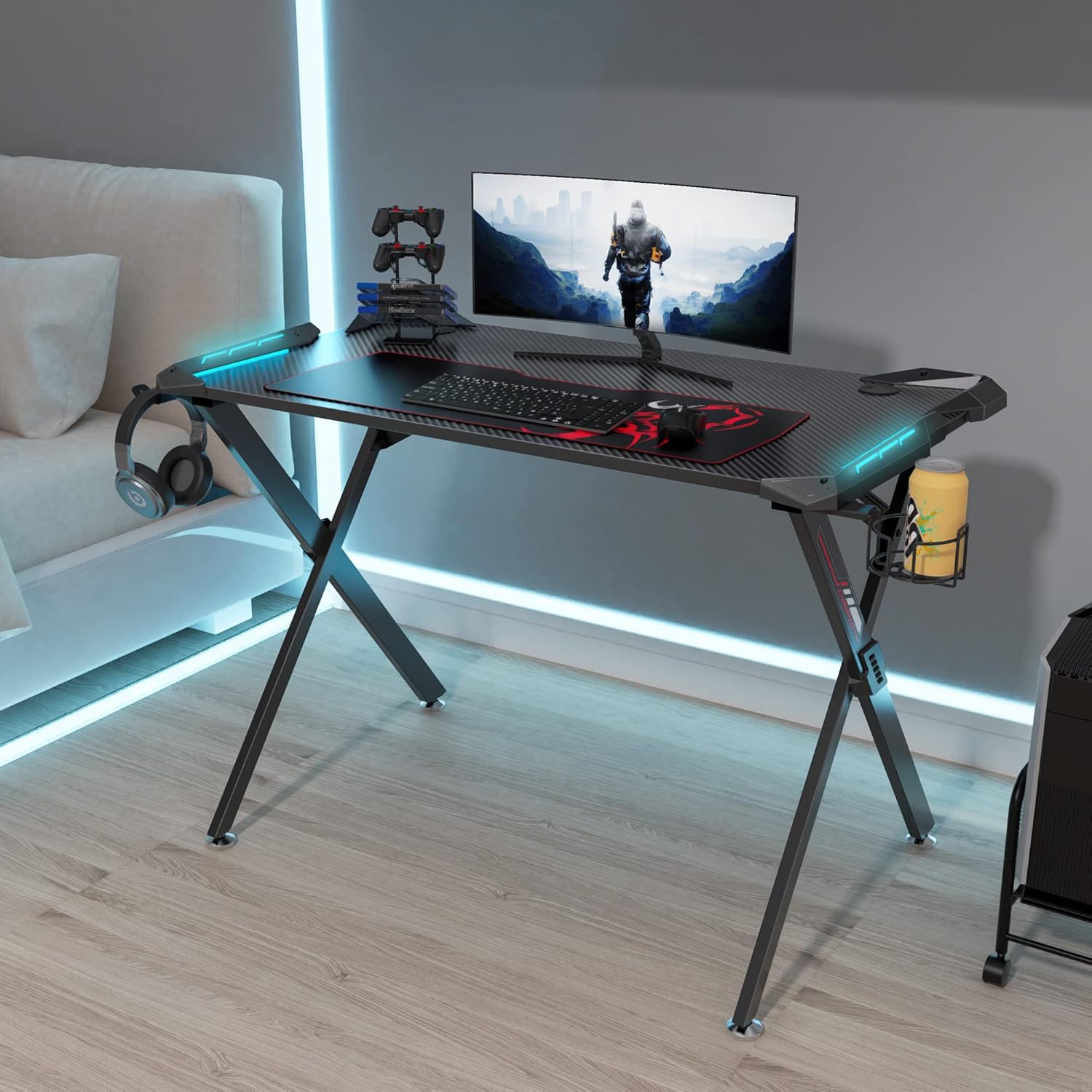 EUREKA ERGONOMIC Escritorio para juegos con luces LED RGB, escritorio para...