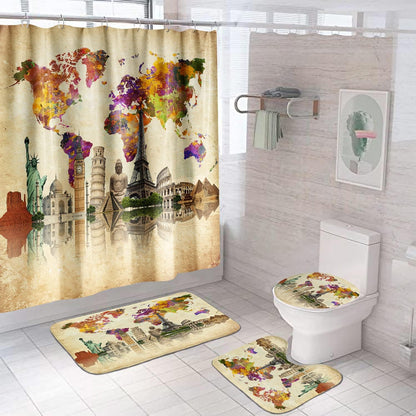 Juego de cortinas de ducha vintage con mapa mundial, 4 piezas de famosa cultura