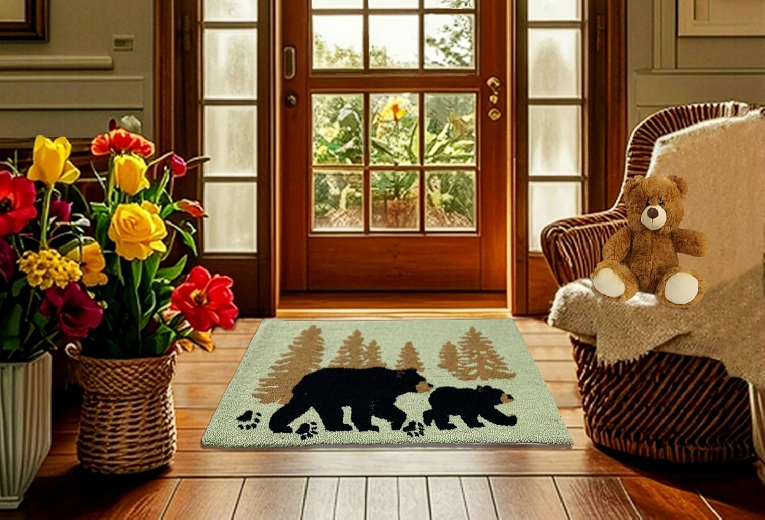 Woodland Bear Tree Silhouette Alfombra decorativa enganchada a mano, 28.5 x 17...
