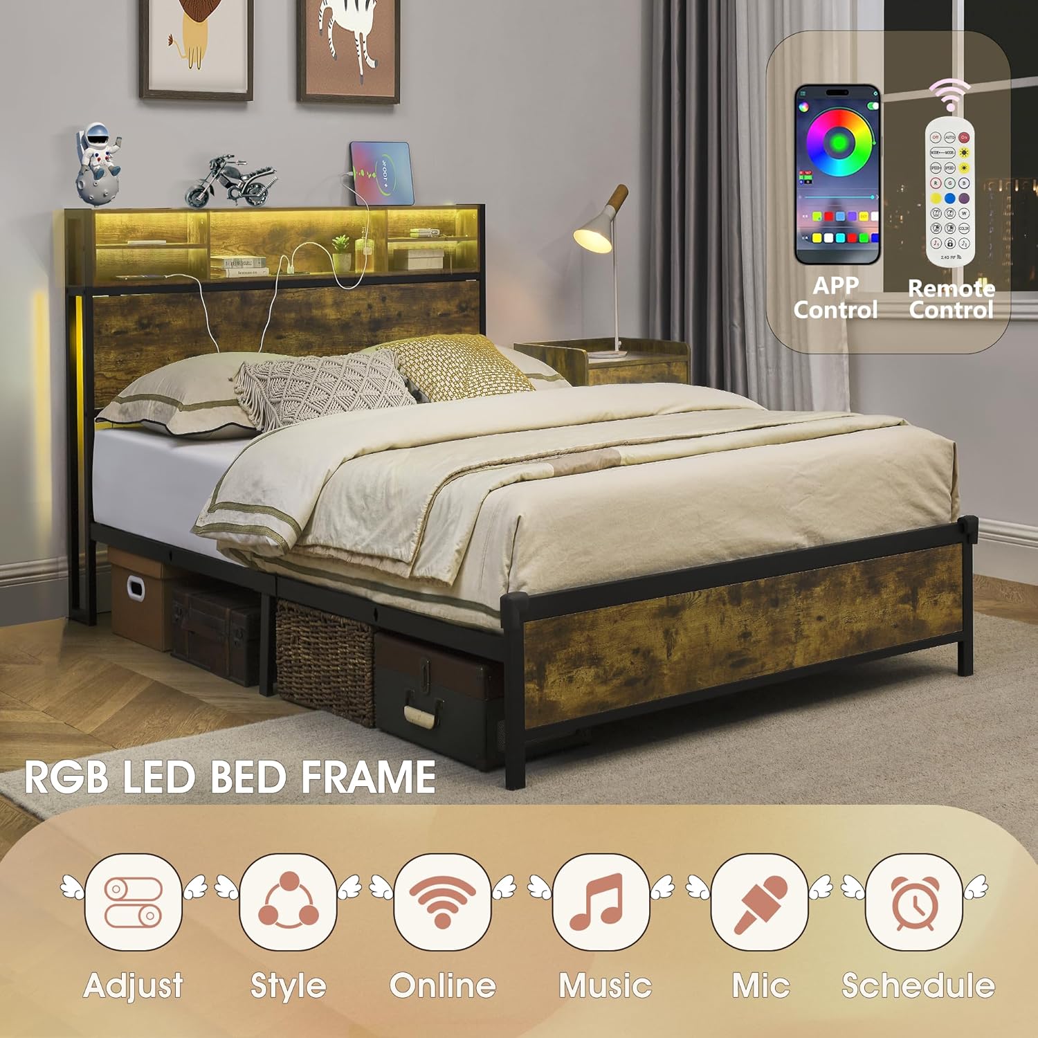 Alohappy Base de cama individual con cabecera de estantería y estación de...