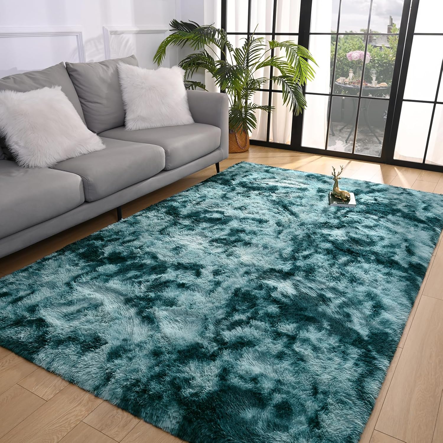Pettop Alfombra mullida de teñido anudado azul pavo real para dormitorio, sala...
