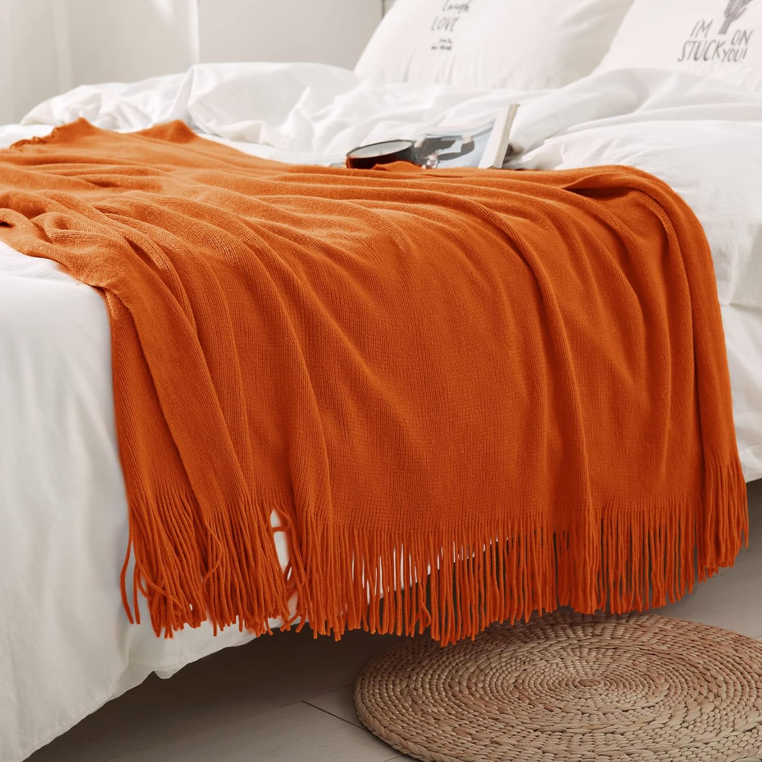 Homiest Manta decorativa de punto con flecos, manta ligera de punto acrílico,...