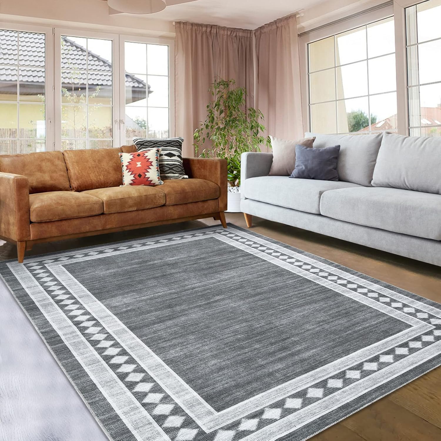 Alfombra de área lisa de 5 x 7 pies, lavable, moderna geométrica, perfecta para...