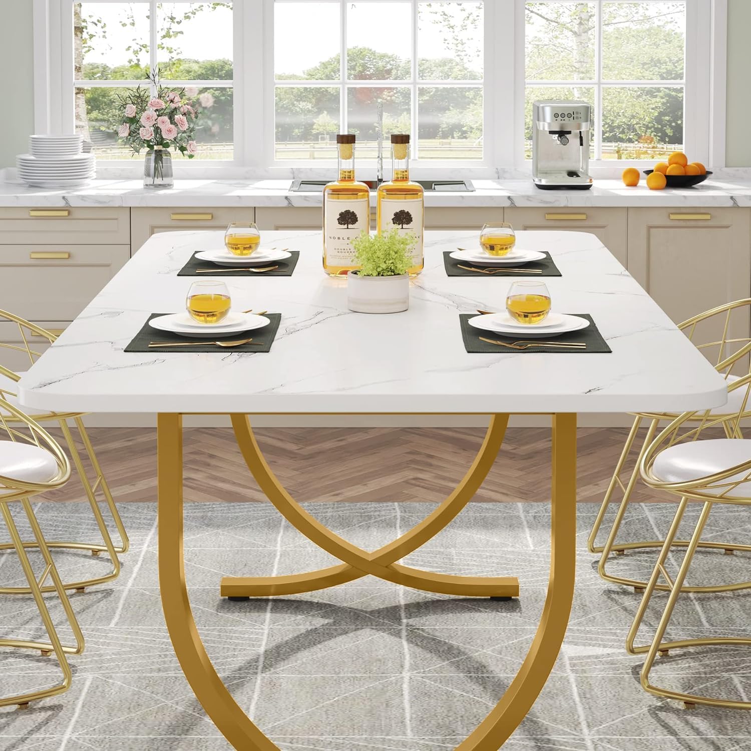 Mesa de comedor rectangular para mesa de cocina moderna blanca y dorada de 4 a