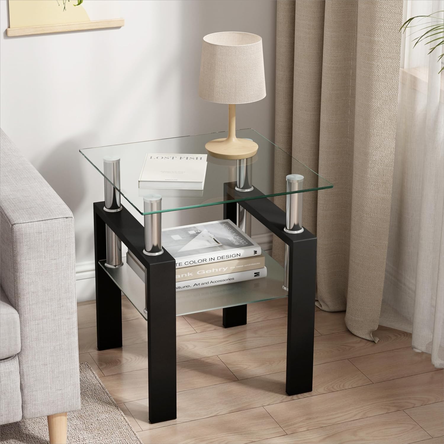 Mesa auxiliar moderna de vidrio templado, mesa de centro cuadrada para sala de