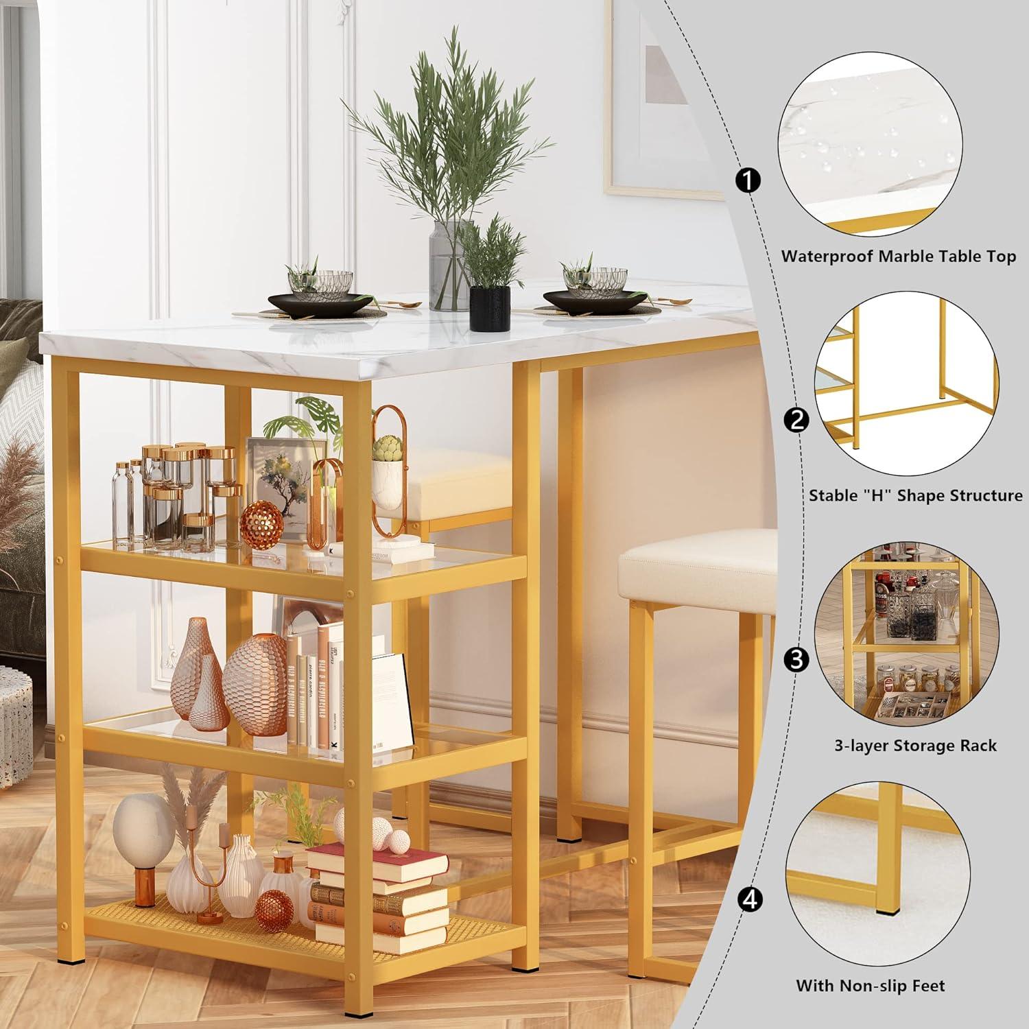 Lamerge Juego de mesa de cocina para 2, isla de cocina con mesa de bar con