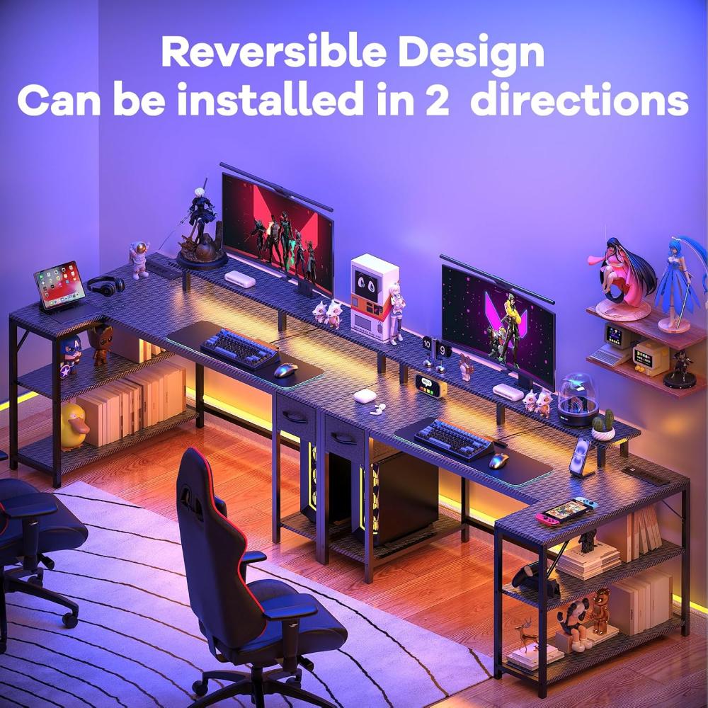 Escritorio Gamer En L Reversible, Con Puertos De Carga Usb Y Luz Led, Con Gancho Y Soporte Para Monitor