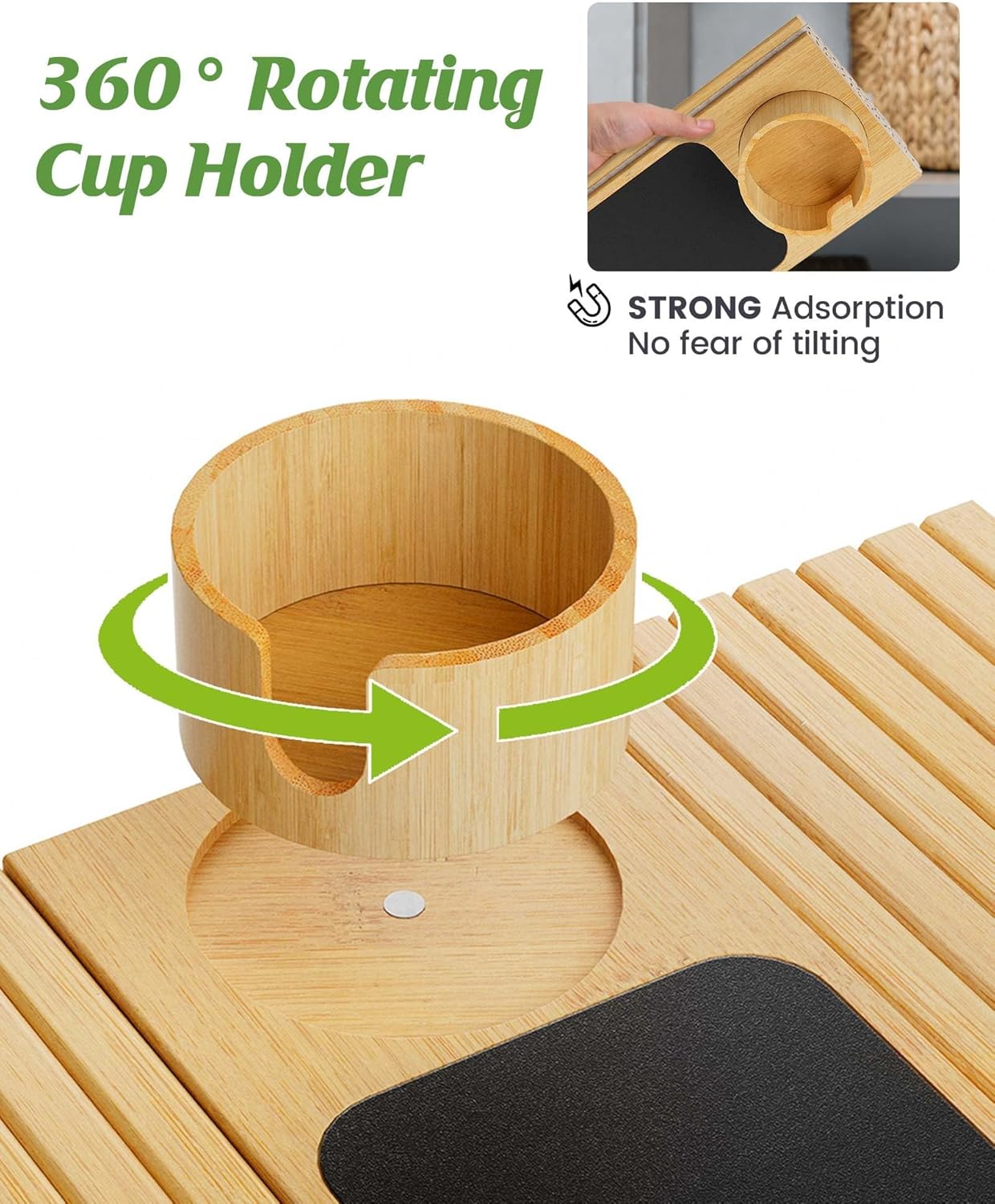 Soporte para taza de sofá, bandeja para brazo de sofá con soporte giratorio de...