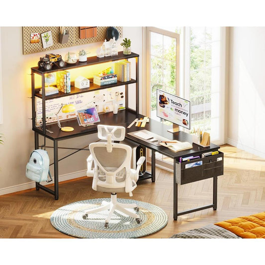 Escritorio Gamer En L Reversible AODK, Con Luz Led Y Toma De Corriente, Estante De Almacenamiento Y Gancho