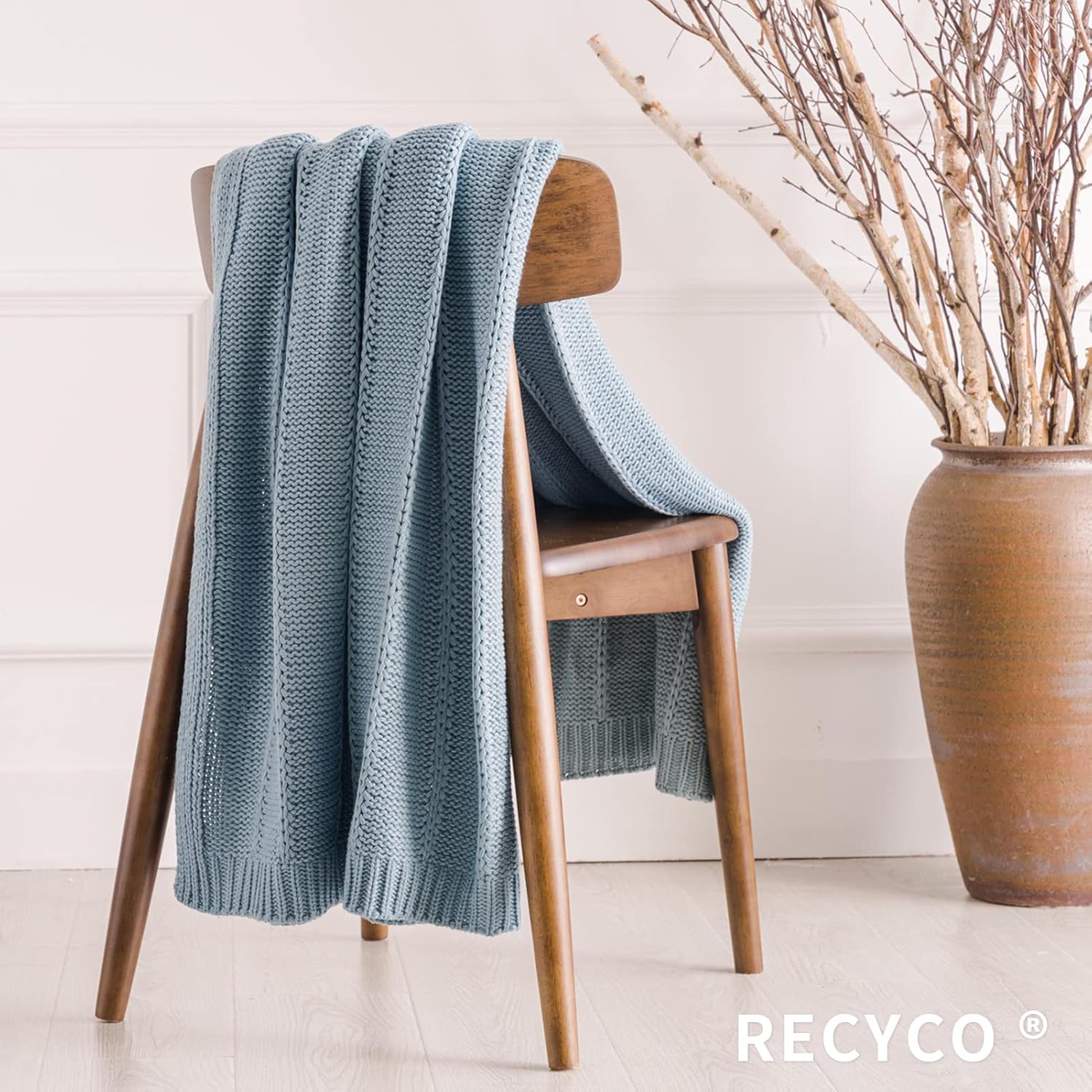 RECYCO - Manta de punto trenzado color azul para sofá, súper suave, cálida y...