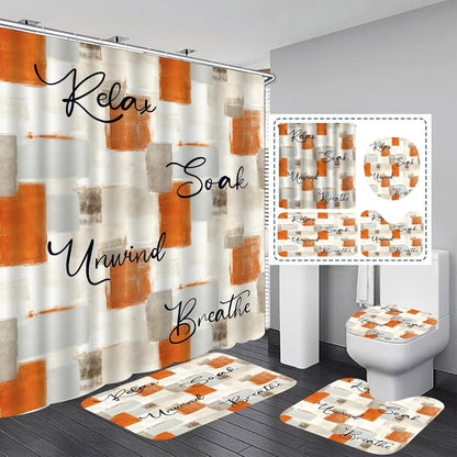 Juego de 4 cortinas de ducha color naranja, juego de baño abstracto naranja con