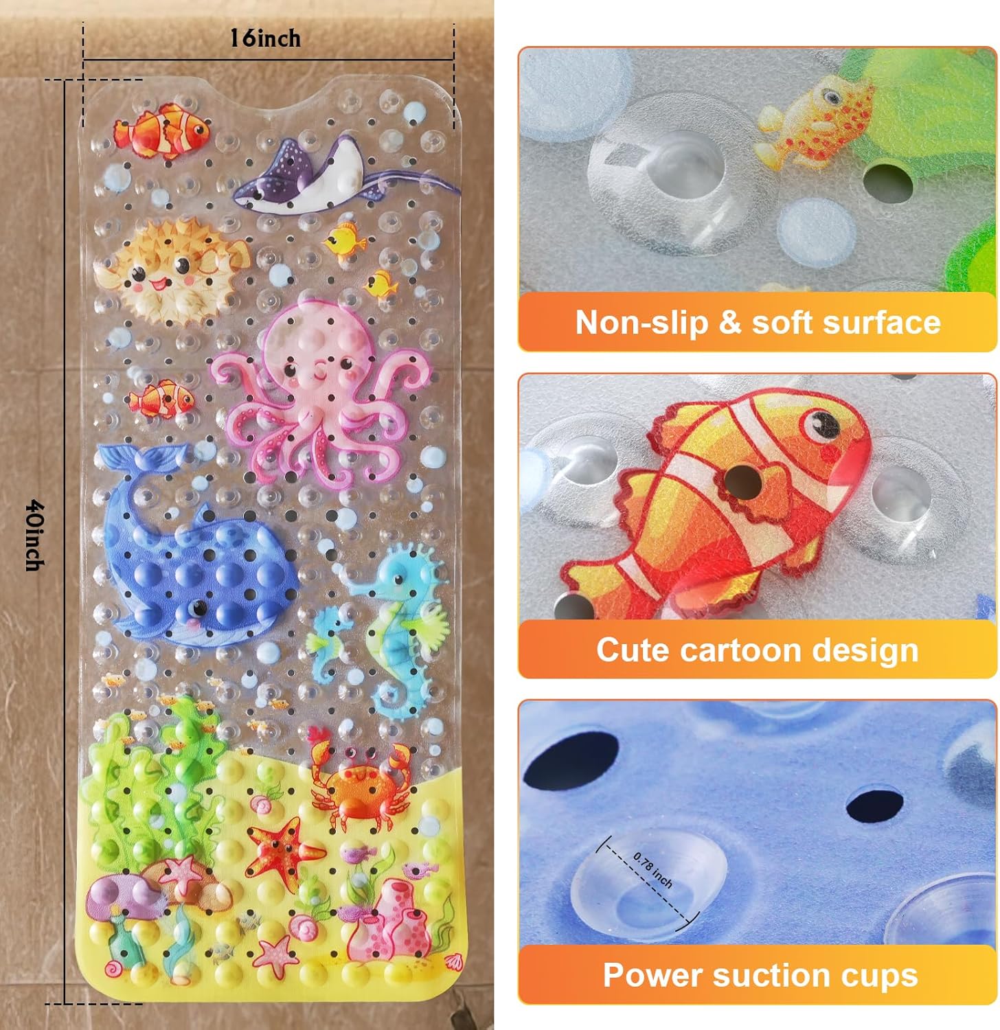 Alfombra de baño para bebé para niños, 40 x 16 pulgadas, antideslizante, con...