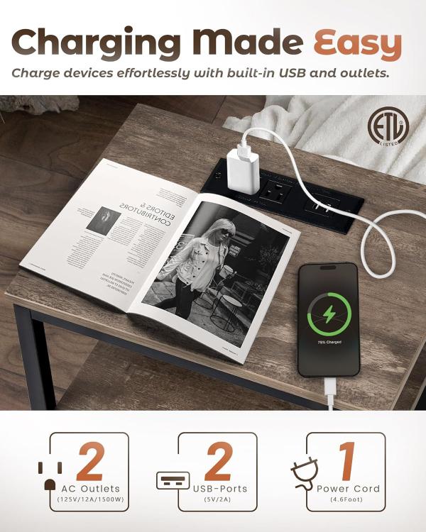Mesita de noche con estación de carga 2 USB y 2 tomas de corriente, con cajón de tela y 3 niveles de almacenamiento