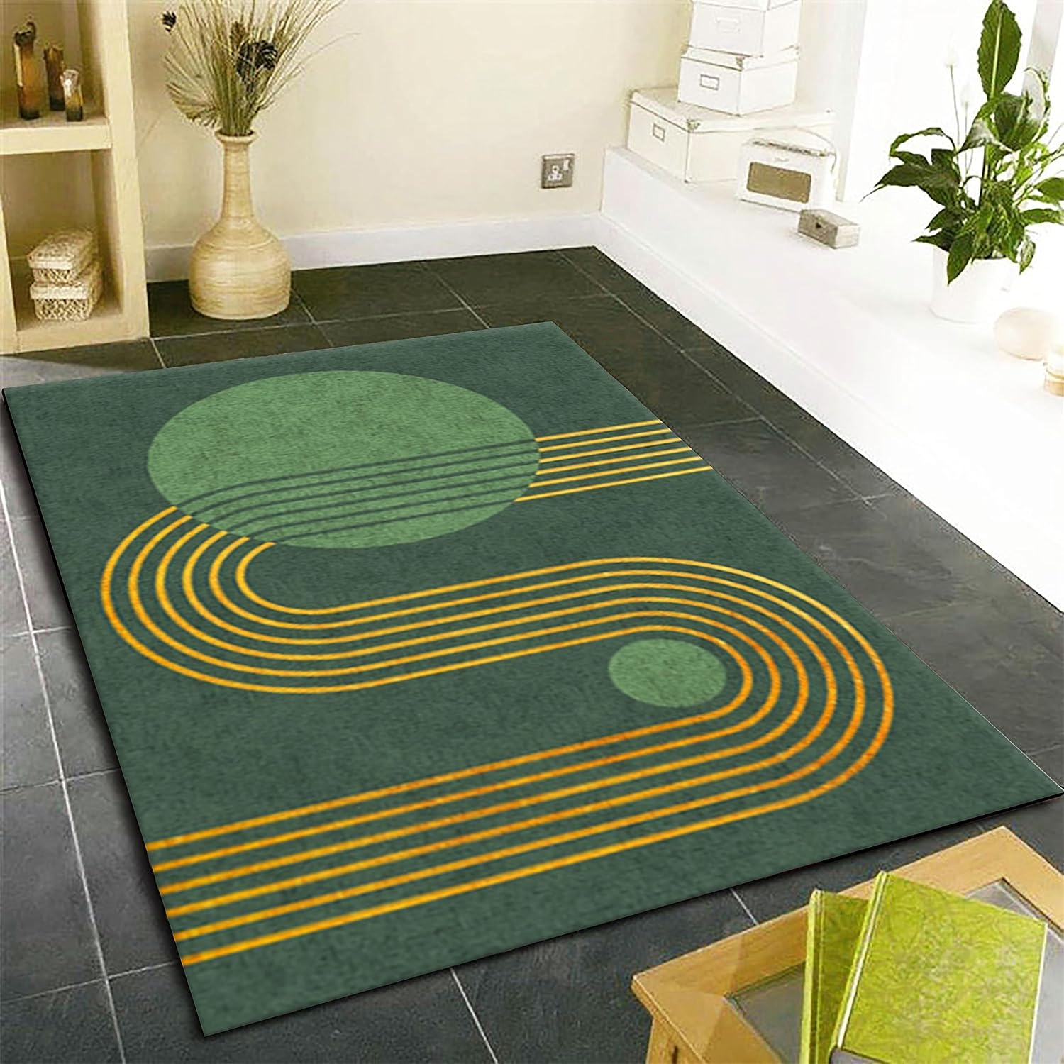 Alfombra de área a rayas doradas, 4 x 5 pies, medieval verde esmeralda,...