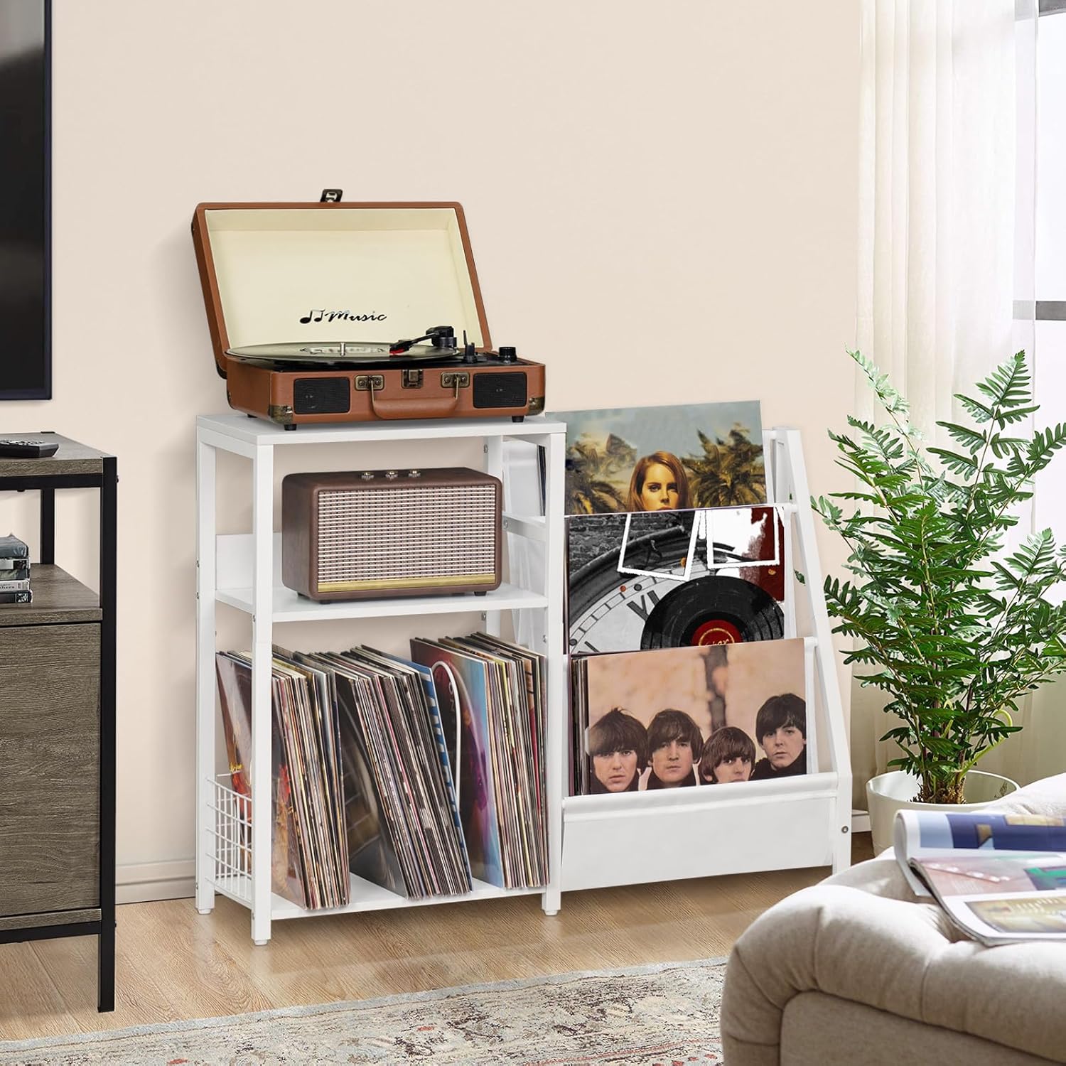 LELELINKY Mesa para tocadiscos, estante giratorio con almacenamiento de vinilo