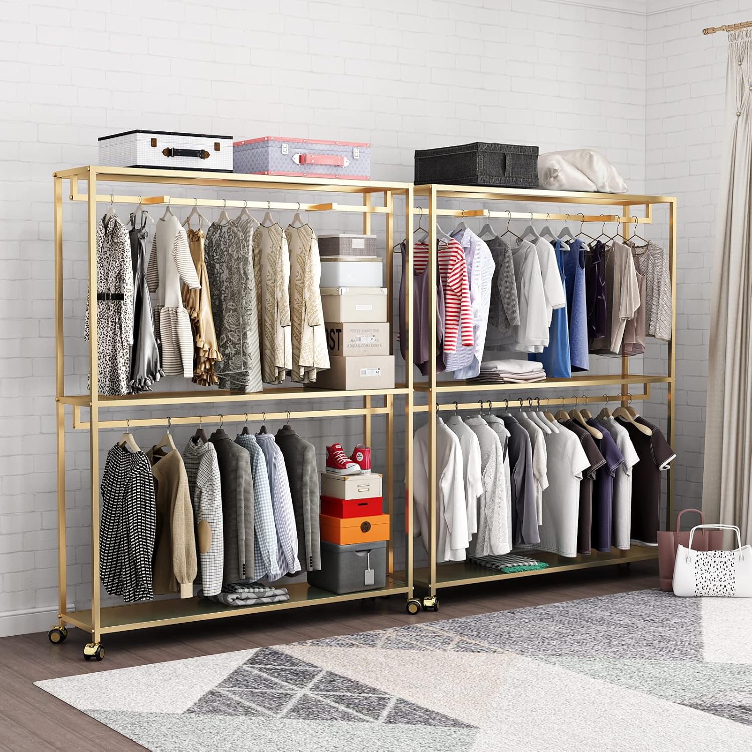 TIEOU Perchero dorado para ropa, perchero dorado con estantes para boutiques,