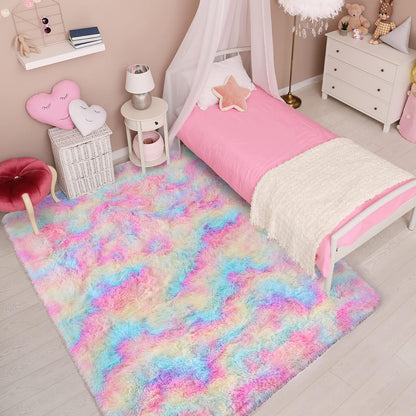 Bonita alfombra de área de arcoíris para dormitorio de niñas, alfombra mullida