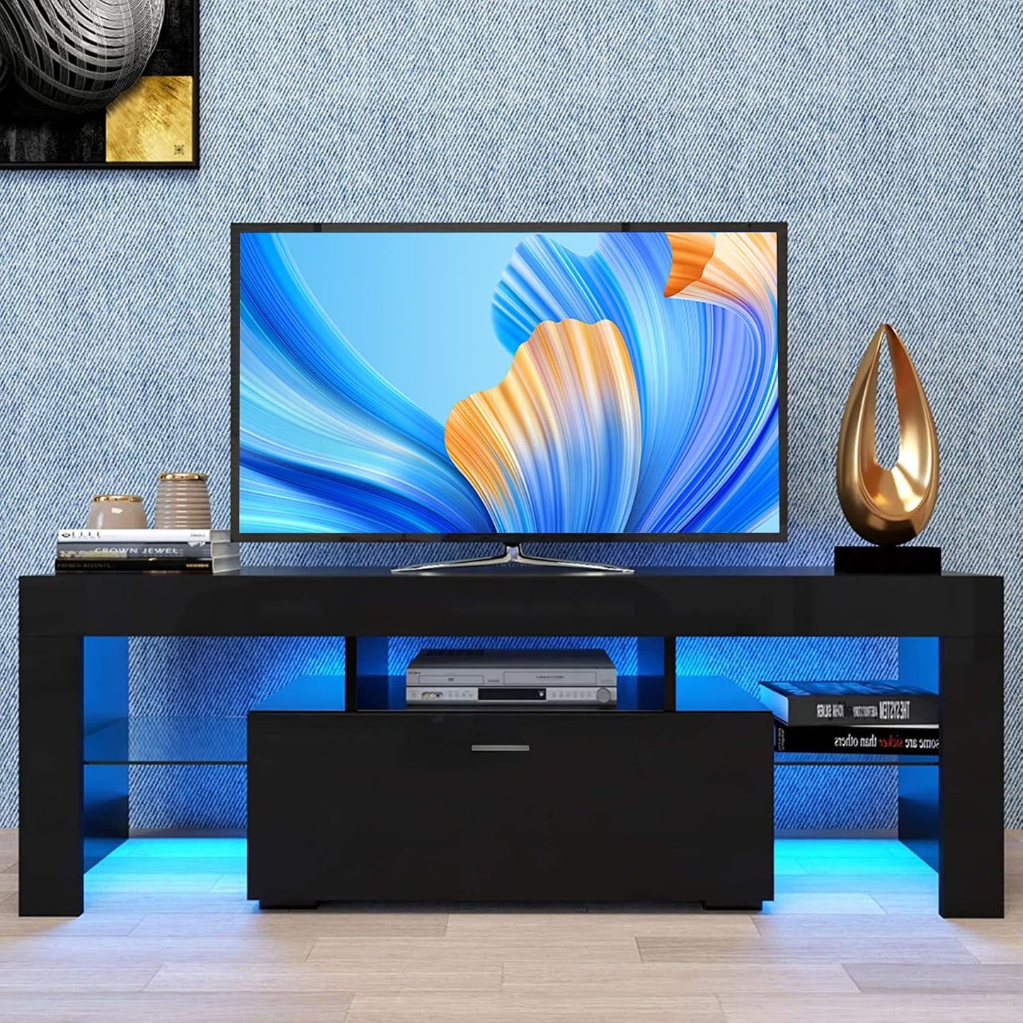 Moderno soporte de TV negro con 16 luces LED, centro de entretenimiento de alto...